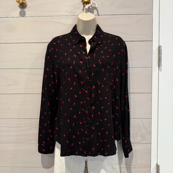 RAILS Rocsi Metallic Red Cherry Print Black Button Down Shirt XS - Picture 1 of 9